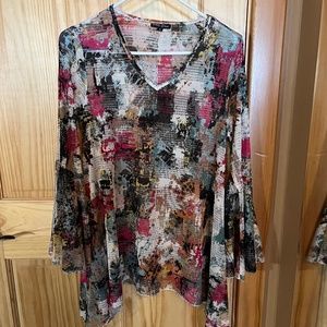 Dor Dor Couture Top SM Multicolor Open Weave Mesh Tunic Swim Cover Bell Sleeves